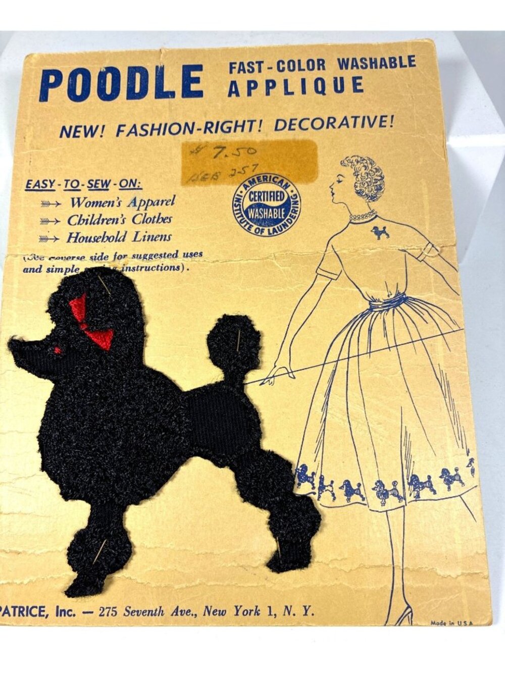 Vintage 1950s Patrice Poodle Sew On Applique Black Red Bow Original Card